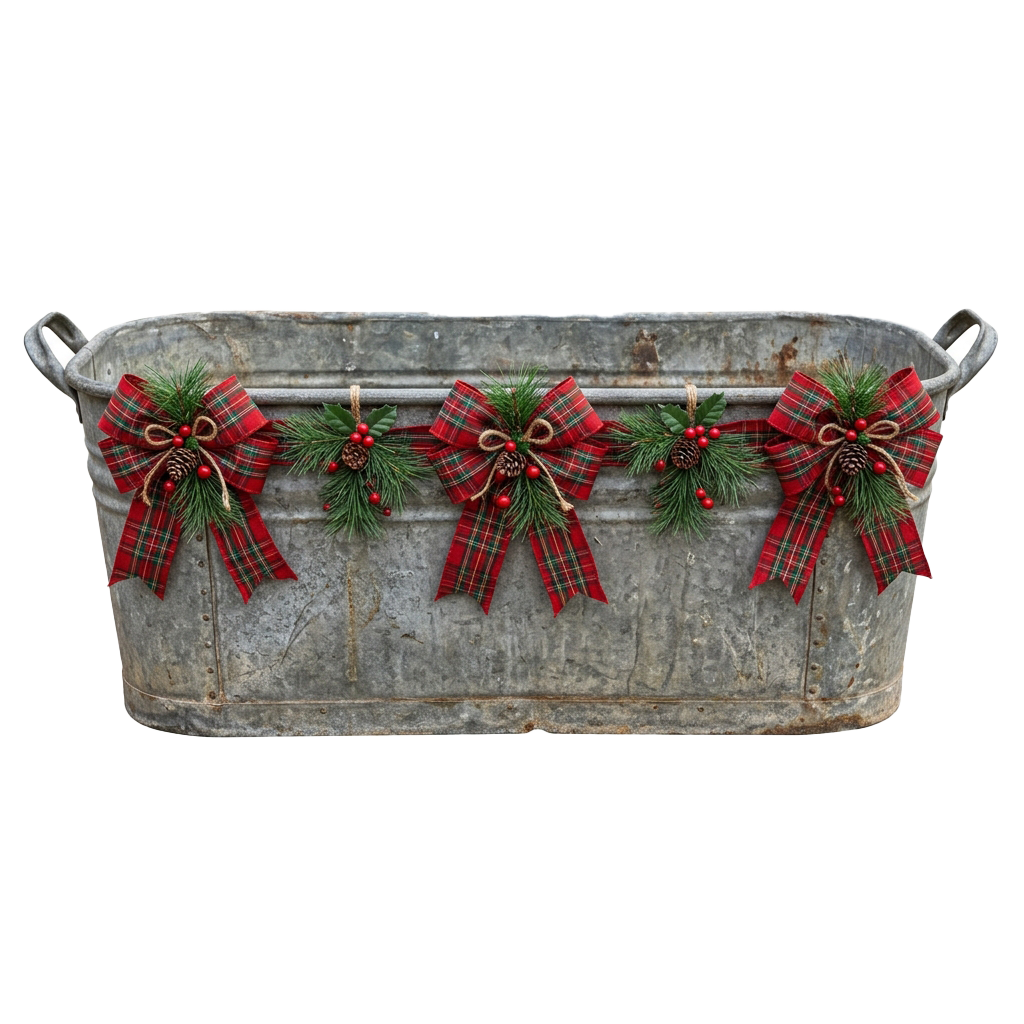 A weathered metal trough adorned with three red plaid bows and pine sprigs featuring red berries.