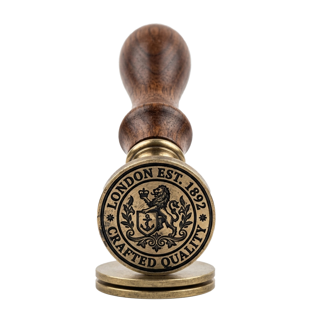 A brass and wooden bottle stopper featuring a lion crest and London Est. 1892 inscription.