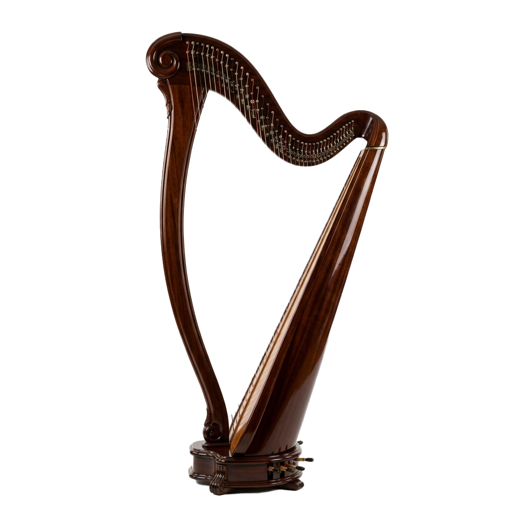 A polished wooden harp with a curved neck and strings, standing upright against a dark background