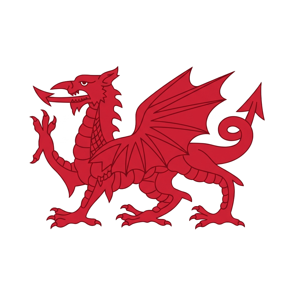 A red dragon with white markings on a black background, facing left