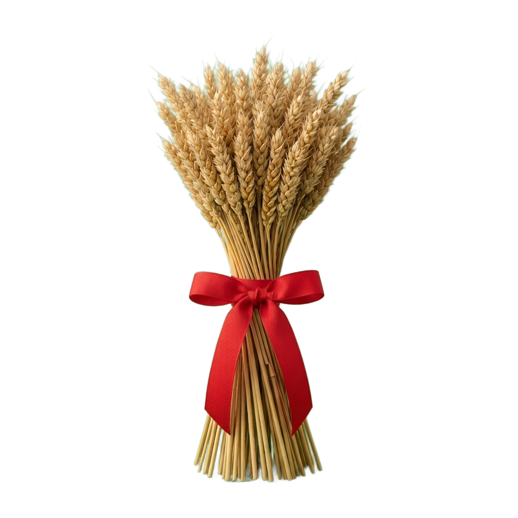 A bundle of golden wheat stalks tied together with a red ribbon against a black background