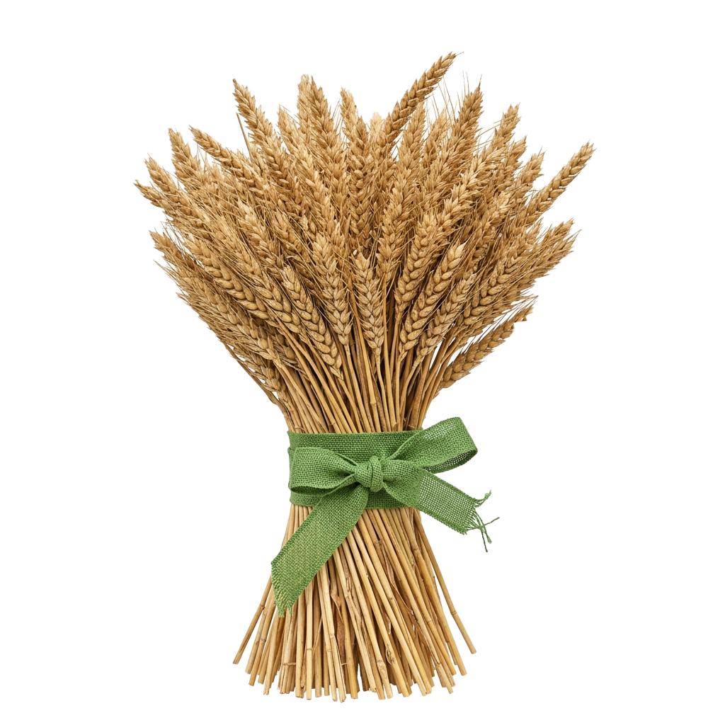 A bundle of wheat stalks tied together with a green ribbon against a black background