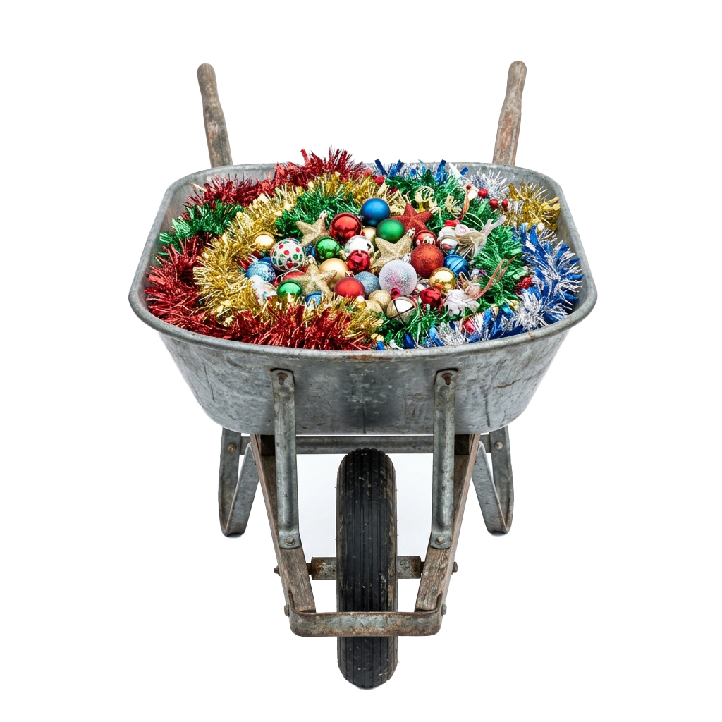 Wheelbarrow filled with festive holiday ornaments and tinsel in red, green, gold, and blue colors