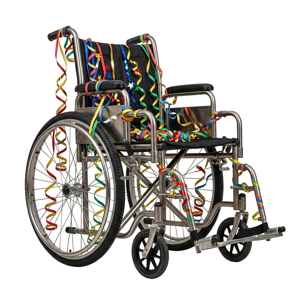 Wheelchair wrapped with multicolored festive streamers and stars