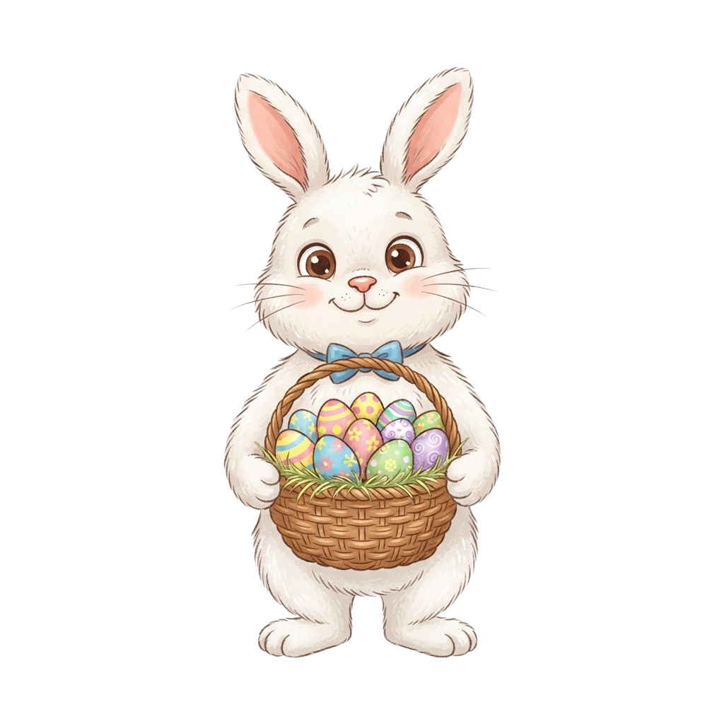 An Easter bunny with a blue bowtie carrying a basket of colorful Easter eggs