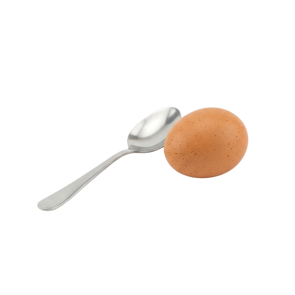 A hard-boiled egg next to a polished silver spoon against a black background