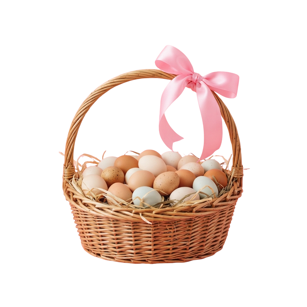 Wicker basket filled with colorful Easter eggs and a pink decorative bow on top