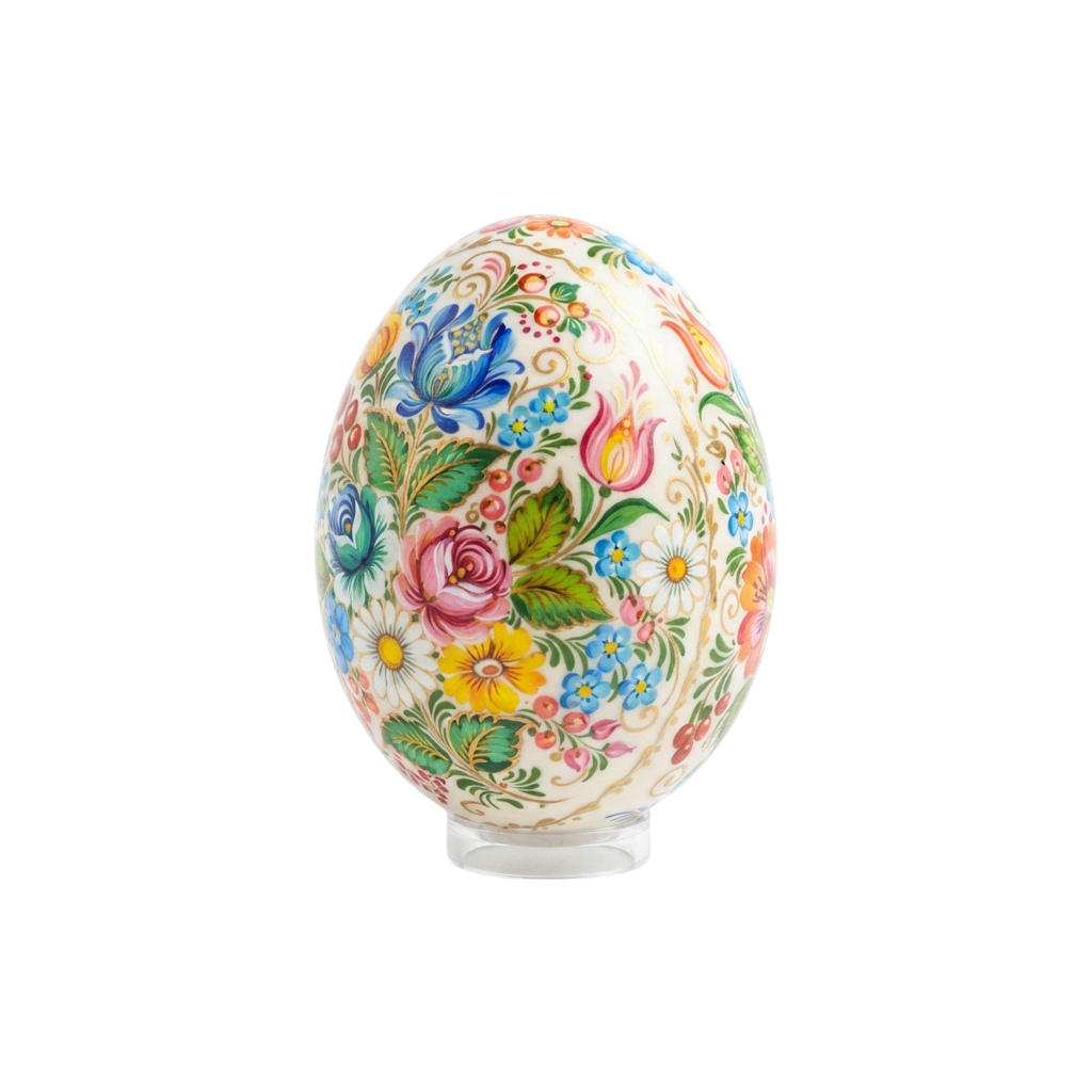 Colorful hand-painted egg featuring floral patterns in pink, blue, yellow, and green against a white background
