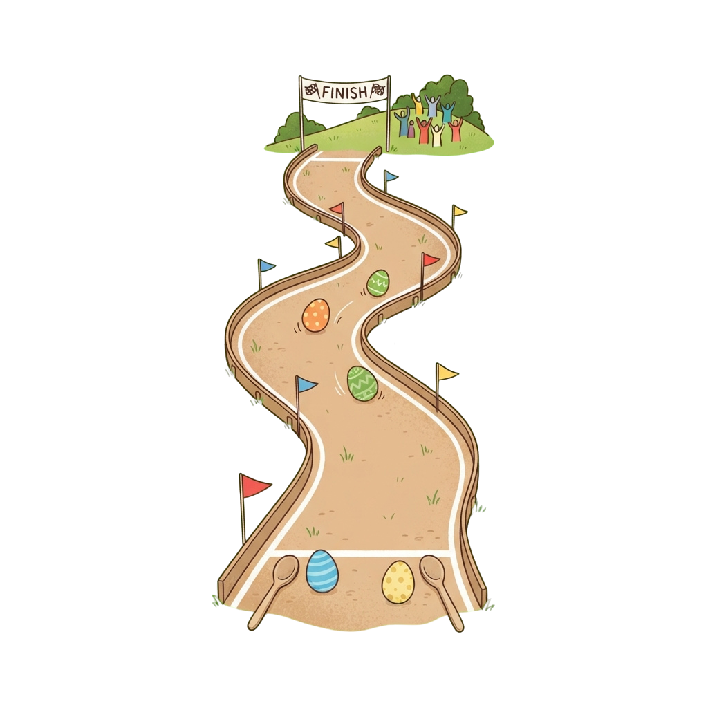 Illustration of a winding race track for an egg hunt with a finish line and colorful flags