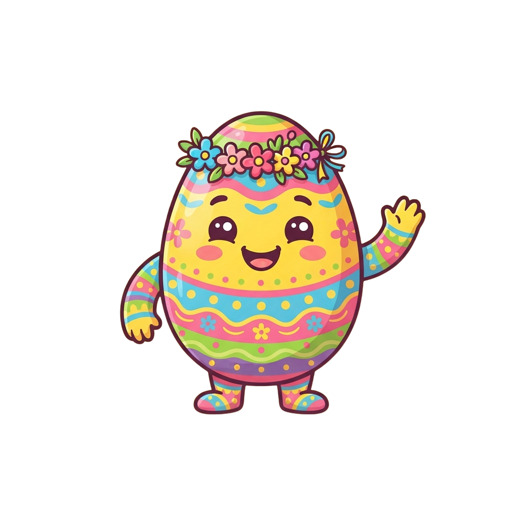 Animated Easter egg character with a cheerful face, floral headband, and waving arm in vibrant colors