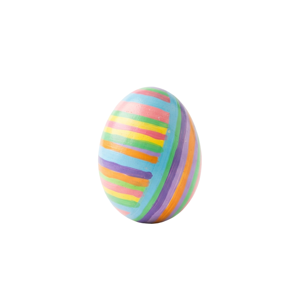 A shiny, multicolored striped plastic Easter egg with pastel and bright bands