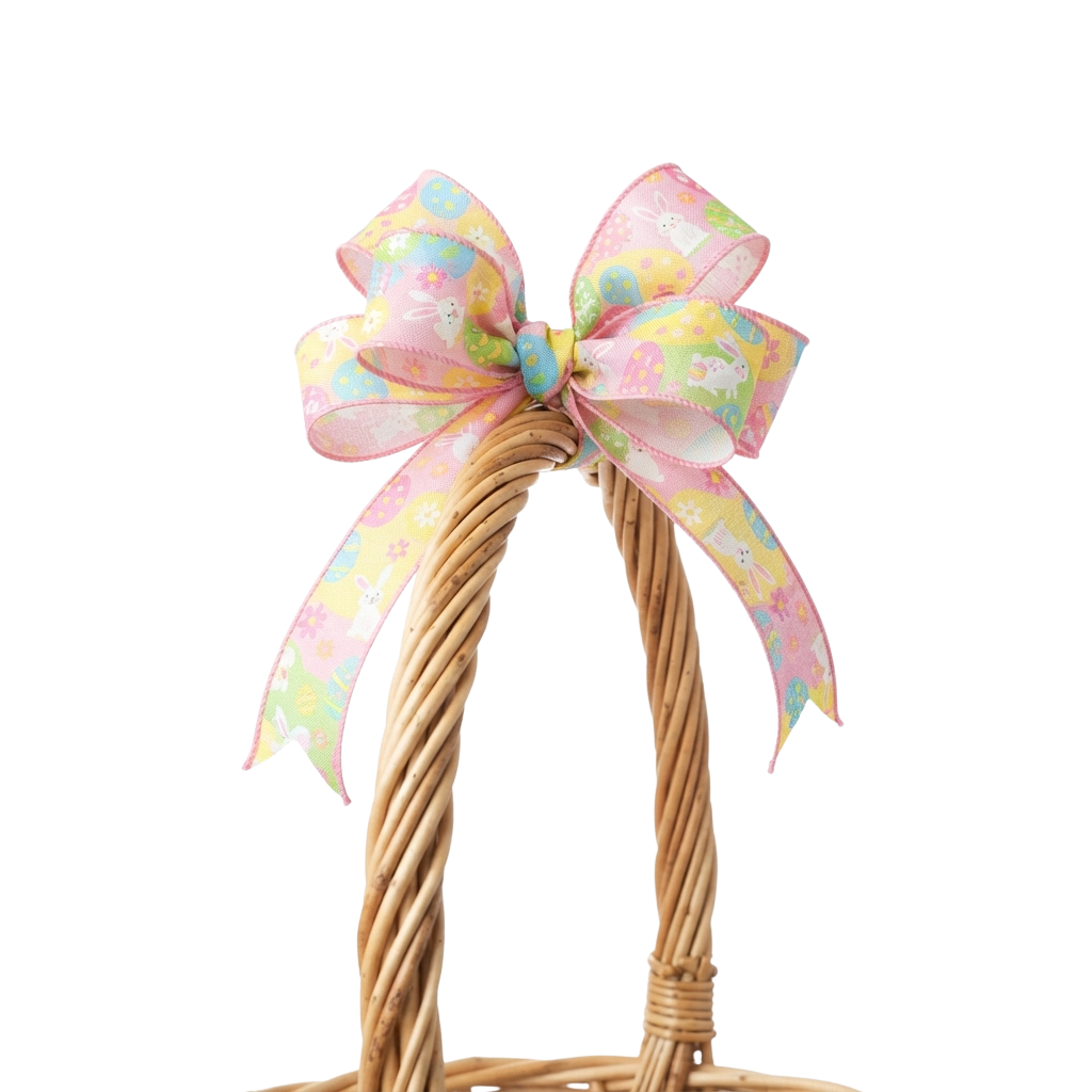 A decorative bow made of pastel ribbons tied around a woven basket handle