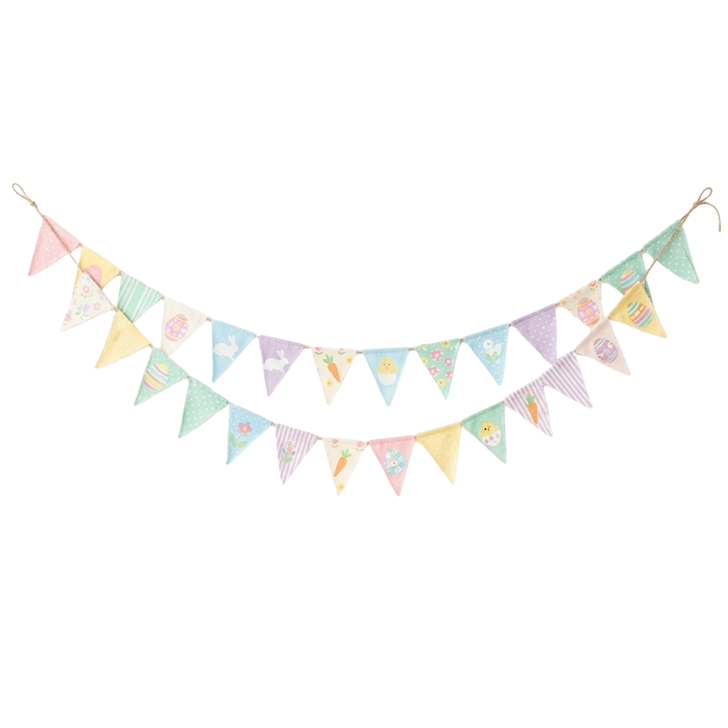 A festive string of triangular paper flags in pastel colors hanging in a curve