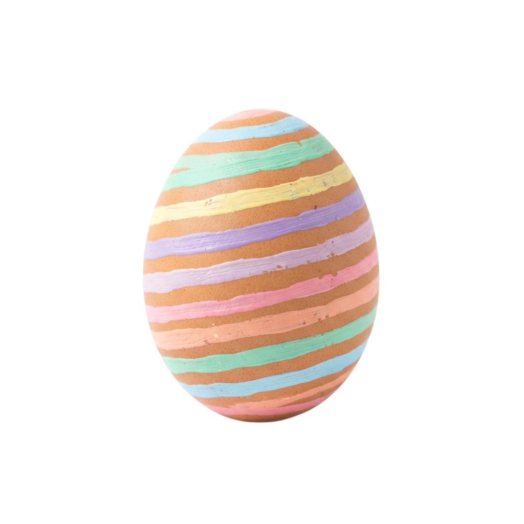 A painted Easter egg featuring horizontal stripes in pastel colors including peach, pink, mint, and lavender