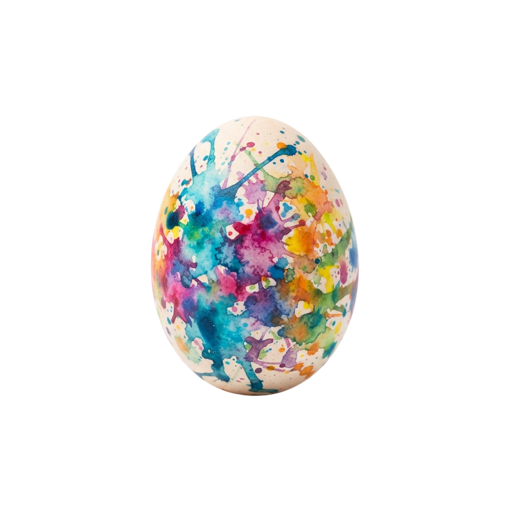 A white egg decorated with vibrant watercolor splatters in blue, pink, purple, and orange hues