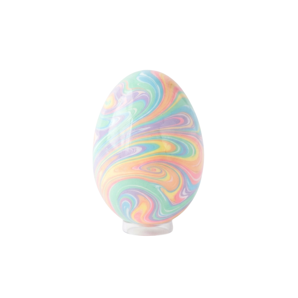 A decorative egg with vibrant, swirling marbled patterns in pastel colors