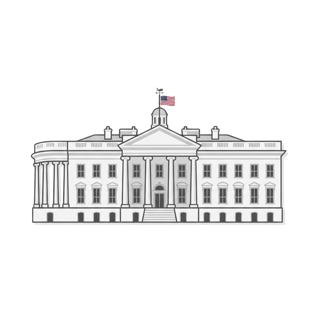 Illustration of the White House with an American flag flying atop the central dome