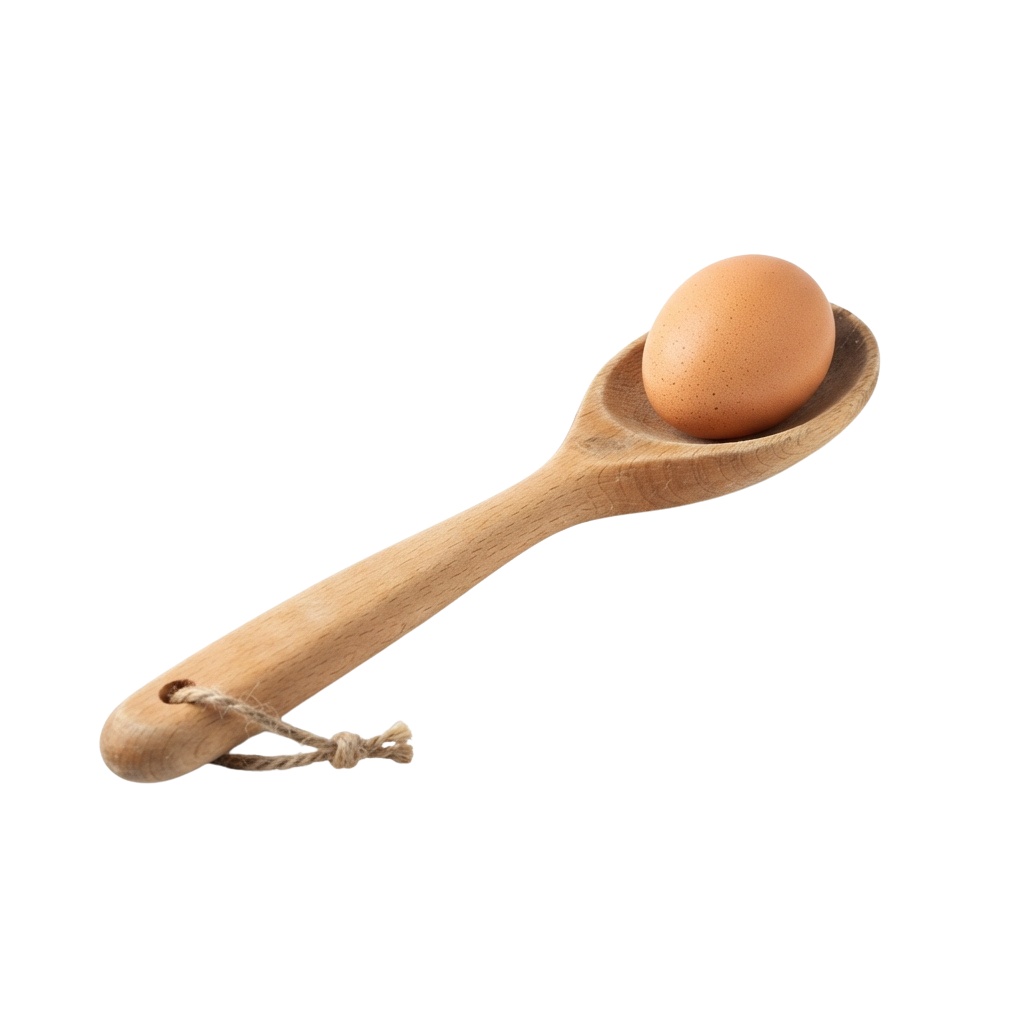 A wooden spoon holding a single brown egg on a black background