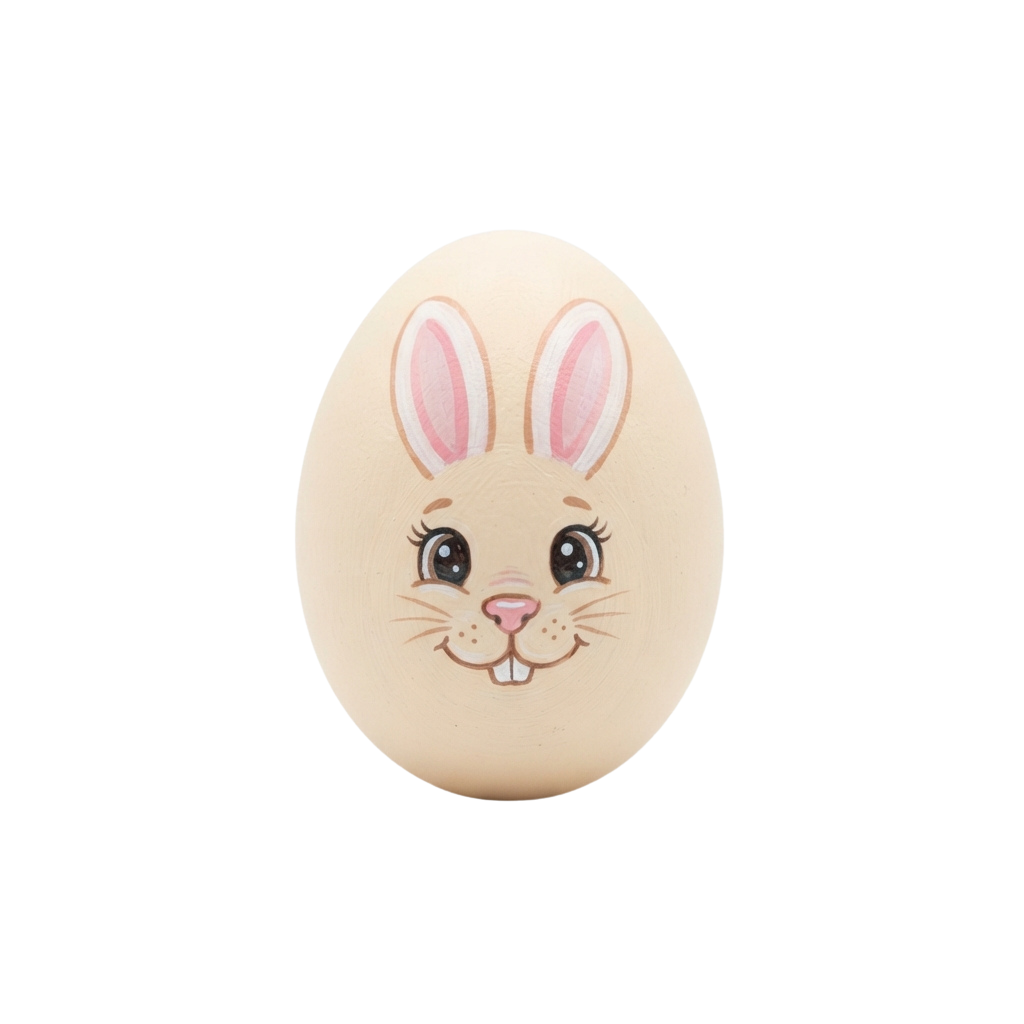 A light-colored egg with a smiling cartoon bunny face featuring pink ears, whiskers, and eyes