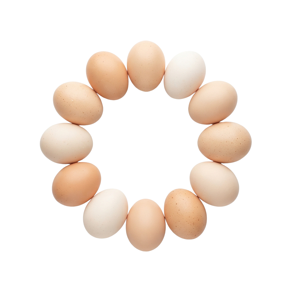 Twelve brown eggs arranged in a circular pattern against a black background