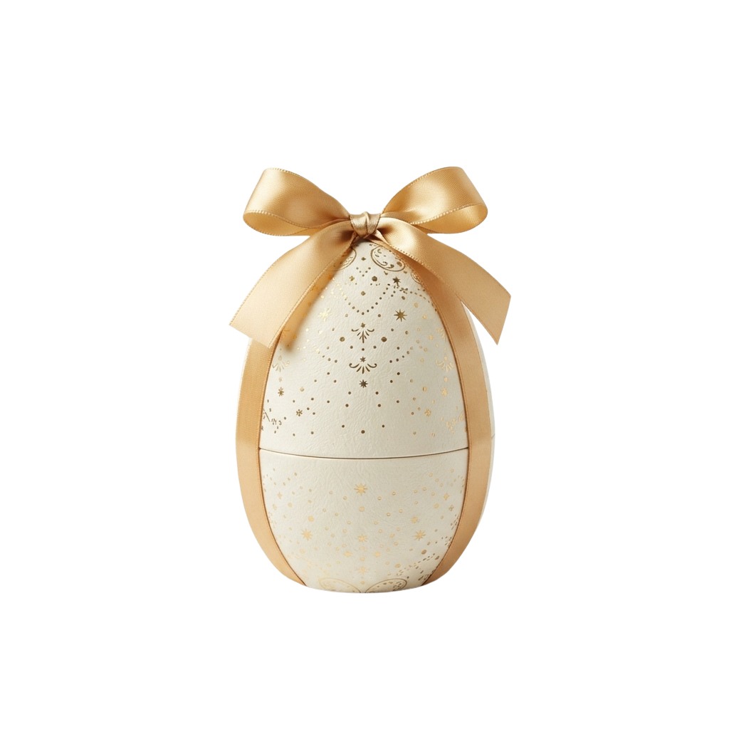 A decorative gift box wrapped with a gold ribbon bow and featuring a starry pattern on a light background