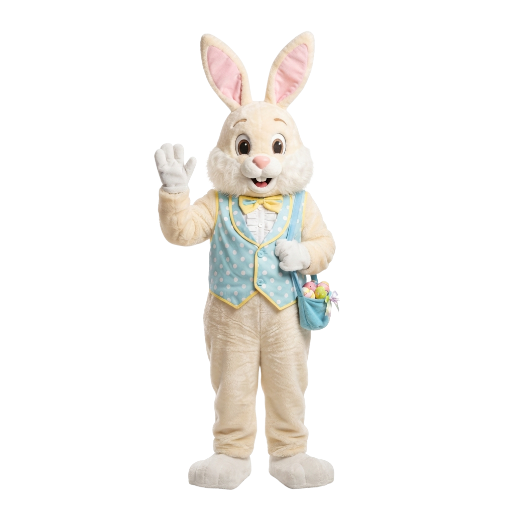 A cheerful cartoon Easter bunny character in a light blue vest and beige overalls waving with a basket of colorful eggs