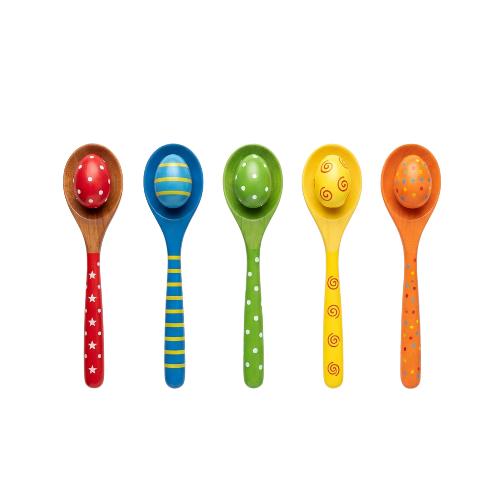 Five colorful spoons with distinct patterns and bright handles, including red star, blue striped, green dotted, yellow swirl, and orange polka dot designs.