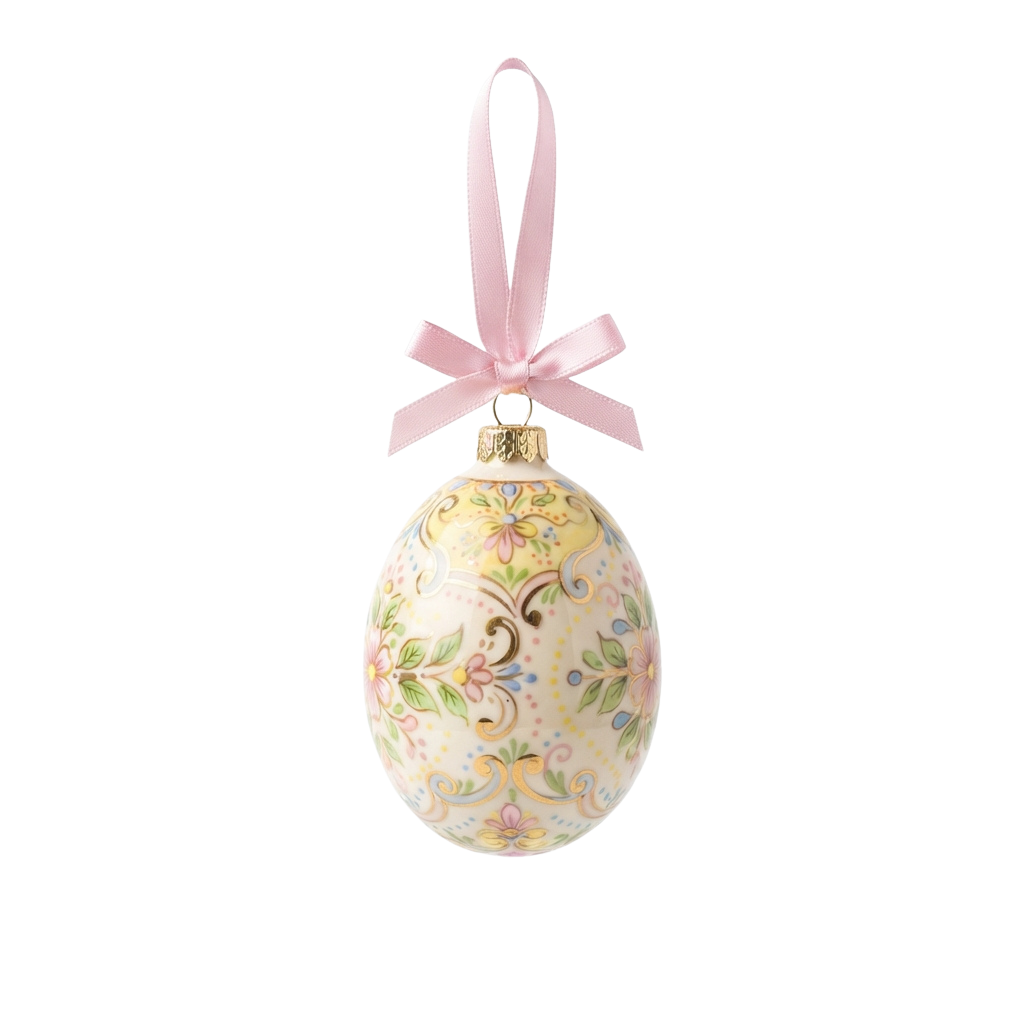 An oval-shaped ornament with floral patterns and a pink ribbon tied at the top