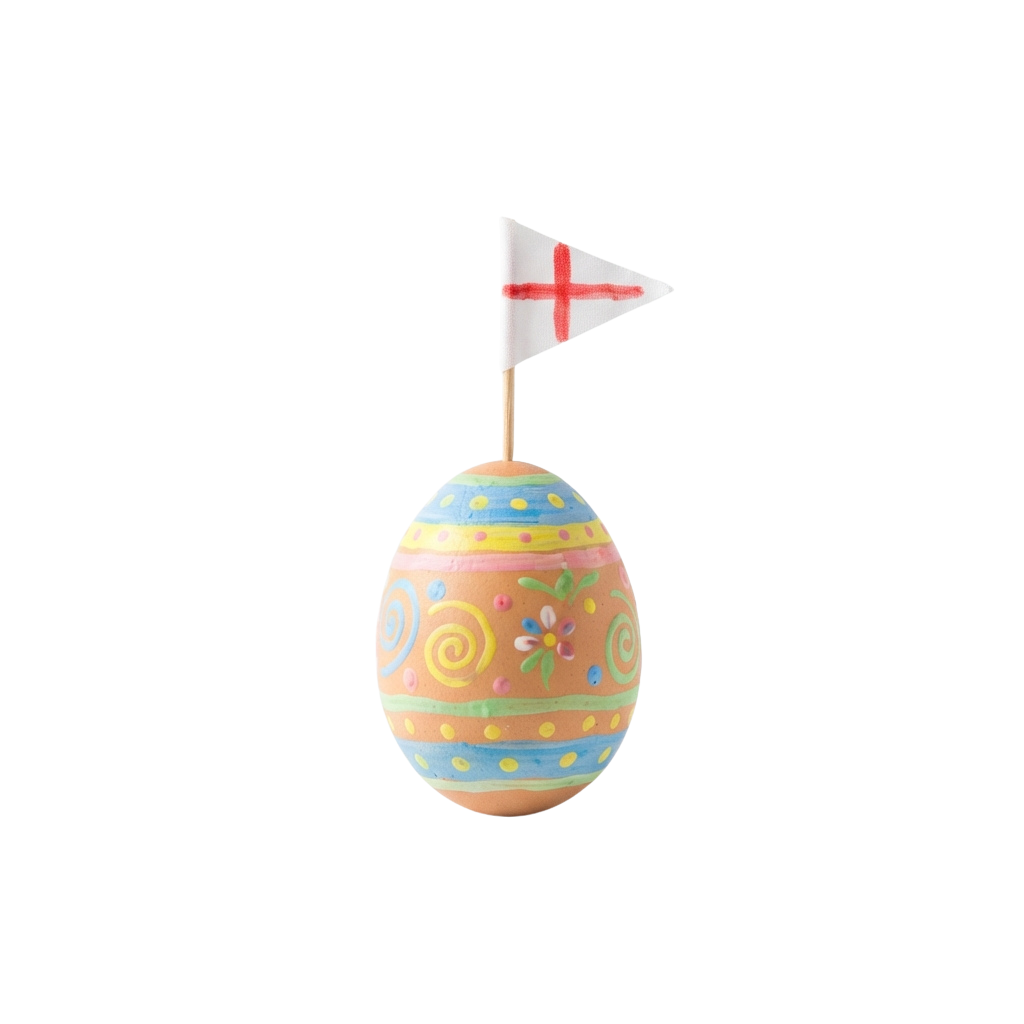 Colorful Easter egg with floral designs and a small flag on top