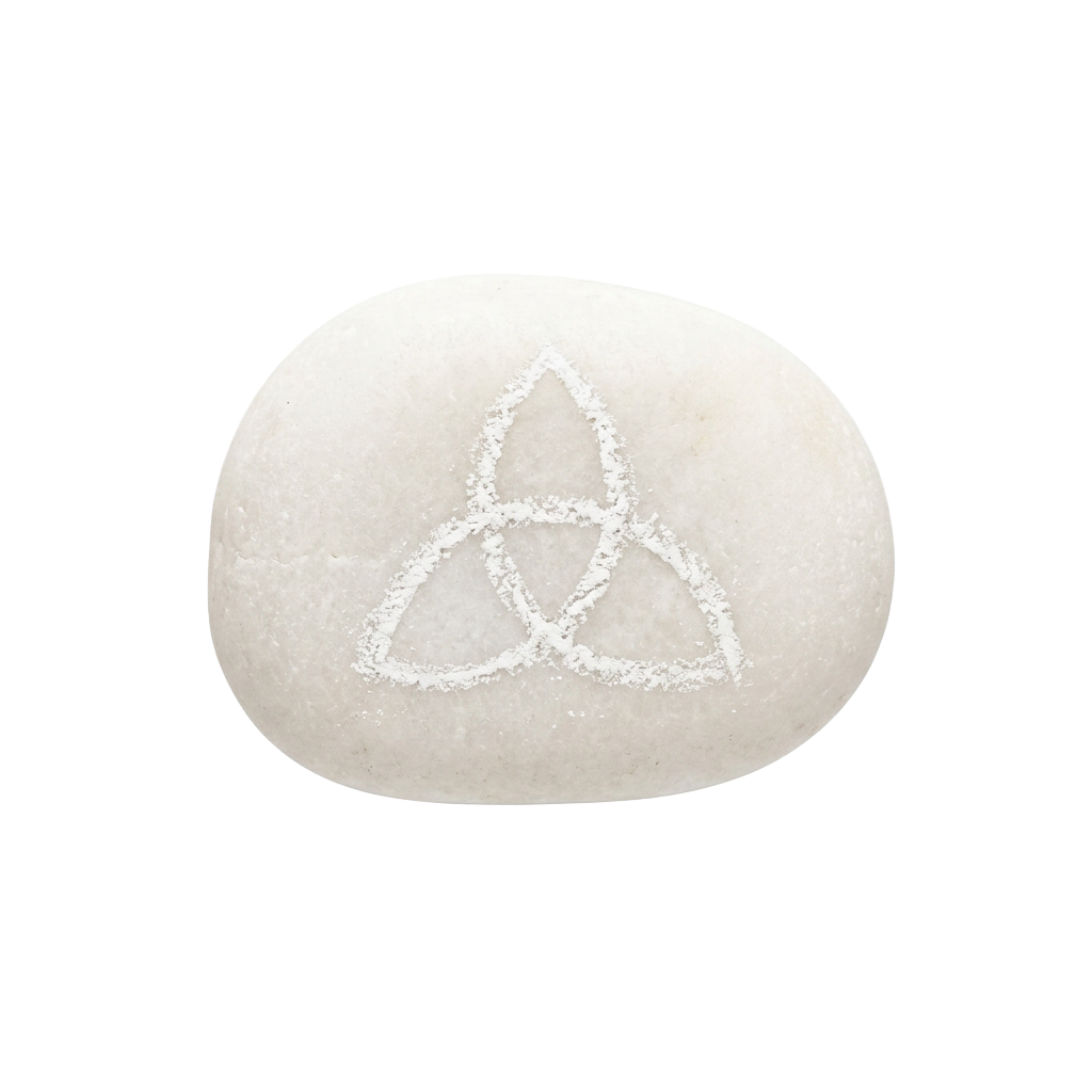 A smooth, oval-shaped stone with a carved triple moon symbol.