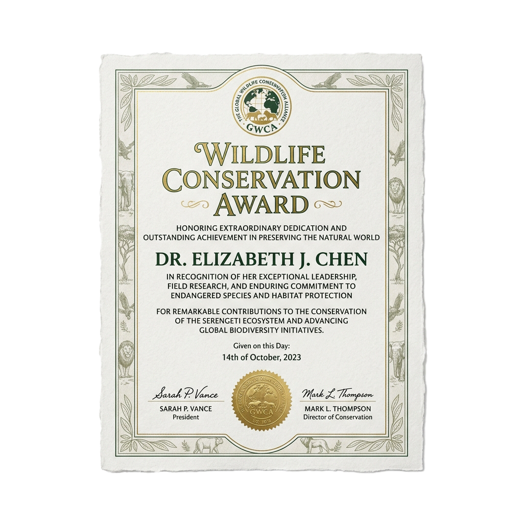 Certificate honoring wildlife conservation achievements with ornate border and gold seal