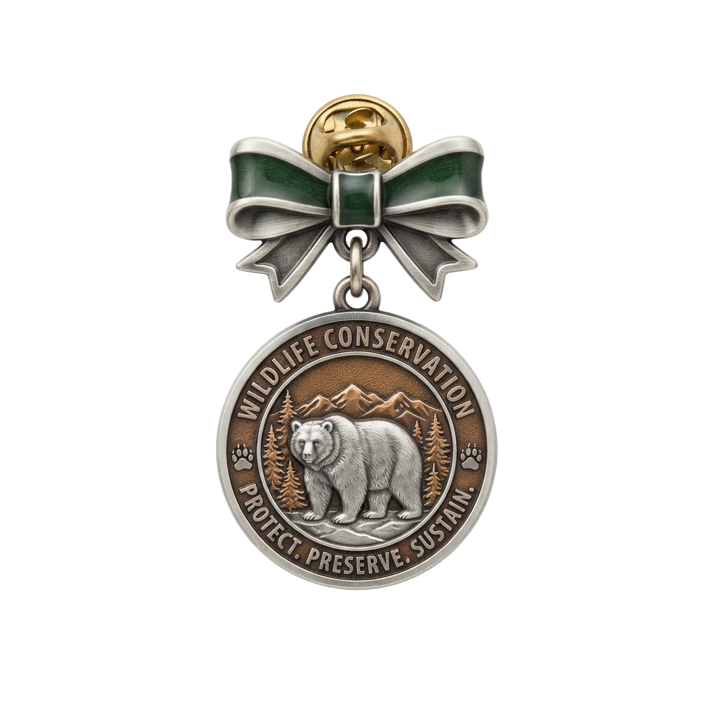 A decorative pin featuring a polar bear with a green ribbon bow, promoting wildlife conservation with the words protect, preserve, sustain