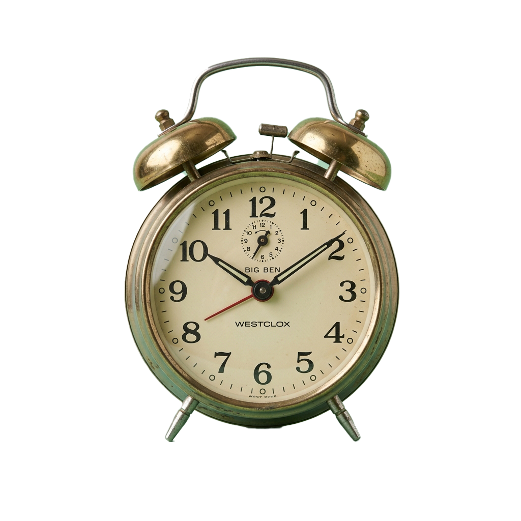 A vintage-style alarm clock with a white face, black numbers, and gold bells on top showing the time 10:08.