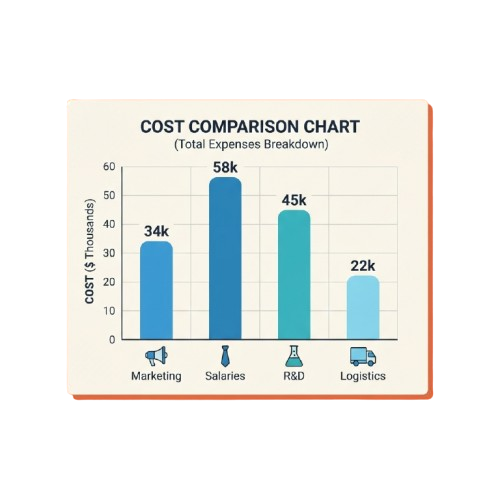 Bar chart showing cost comparison of marketing, salaries, R&D, and logistics expenses in thousands of dollars