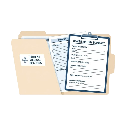 Medical records folder and clipboard showing a health history summary form with sections for patient info, allergies, immunizations, and more