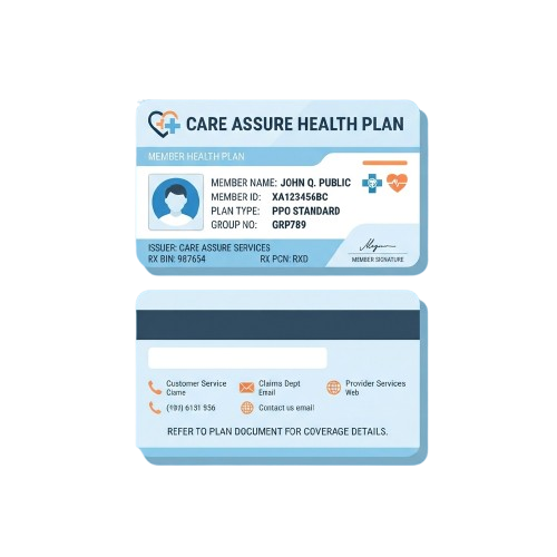 Health insurance card showing member details, plan type, and contact info for customer service, claims, and provider services