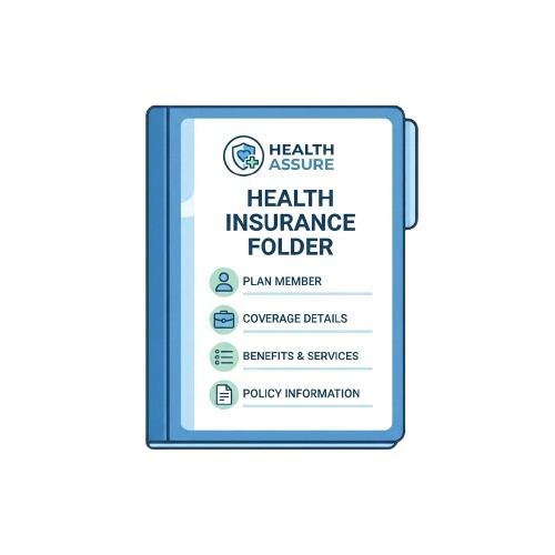 Health insurance folder with sections for plan member, coverage details, benefits, and policy information