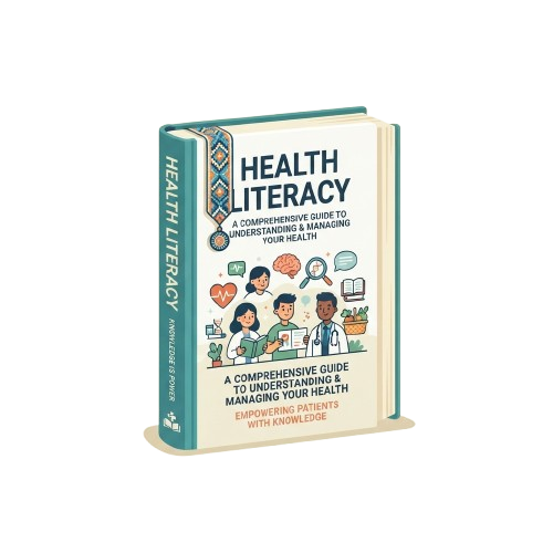 Illustrated book cover titled Health Literacy showing diverse people and health-related icons
