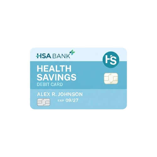 Health Savings Account debit card with HSA Bank logo, expiration date, and chip symbol