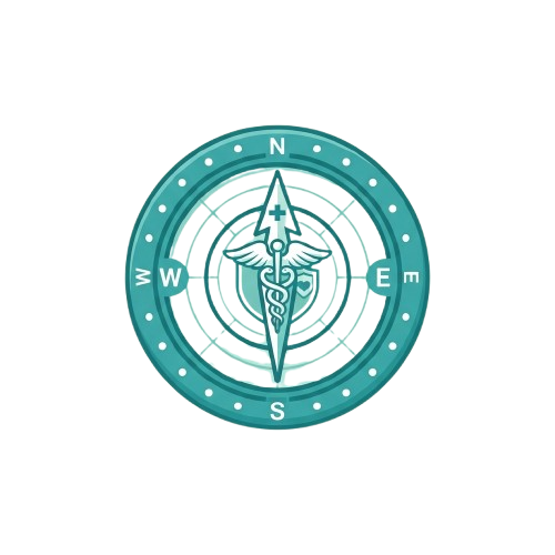 A circular compass featuring a medical caduceus symbol at its center, with N S E W directions marked around the edges.