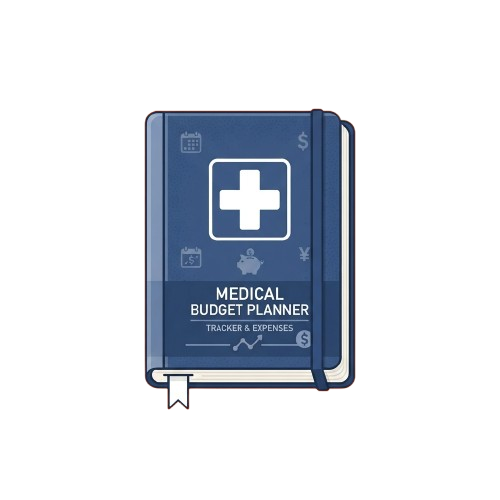 Blue medical budget planner notebook with a white plus symbol and expense tracker icons on the cover