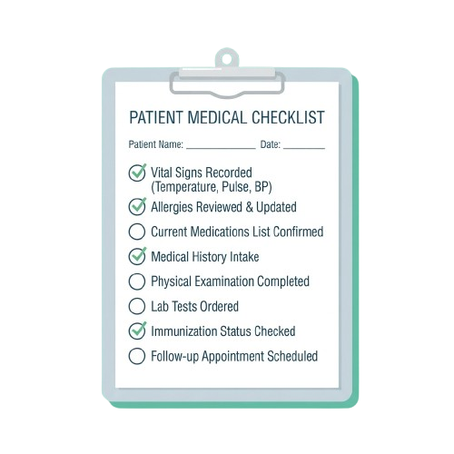 Clipboard showing a patient medical checklist with items marked as complete or pending.