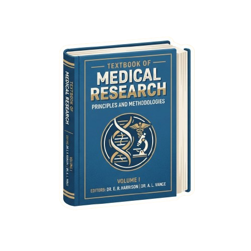 Blue textbook cover titled Textbook of Medical Research showing a DNA helix and medical caduceus symbol