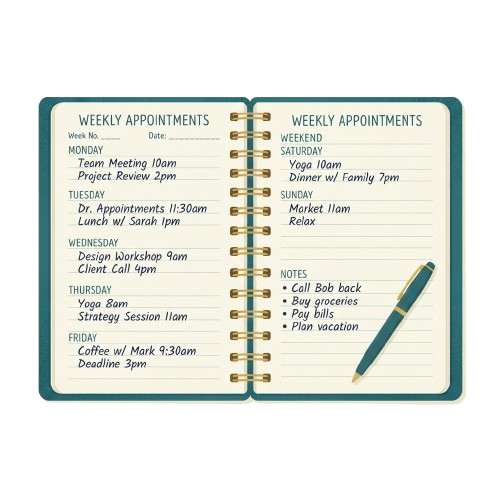 Open weekly planner notebook showing appointments, notes, and a pen on a weekend appointments page.