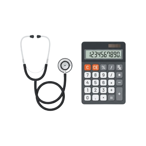 A stethoscope next to a calculator on a black background
