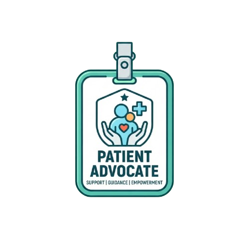 Patient advocate badge with hands holding a heart and medical cross symbol, text support guidance empowerment
