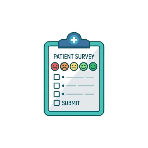 Clipboard labeled Patient Survey showing five emotion faces and a submit checkbox