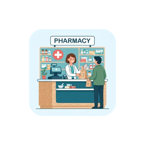 A pharmacist helping a customer at a pharmacy counter with shelves of medications in the background