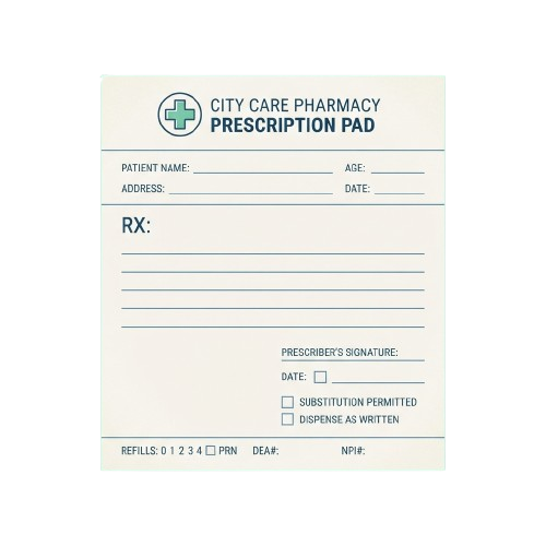 A blank prescription pad with fields for patient info, medication details, and prescriber signature.