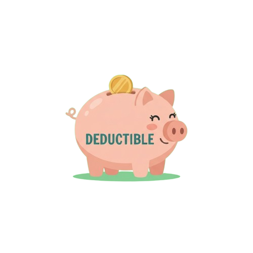 A smiling pink piggy bank with a coin on its back labeled Deductible on a black background
